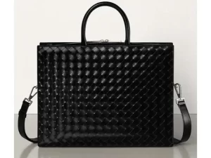 Black Intrecciato Woven Patent Leather Briefcase Messenger Bag
